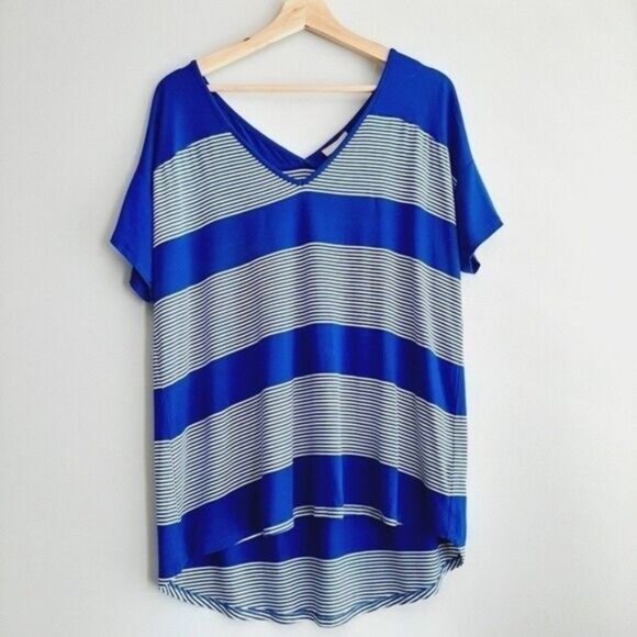 POINTELLE - NEW V-neck Stripe Hi-low Hem Top Blue & White Sz XL - Picture 2 of 7